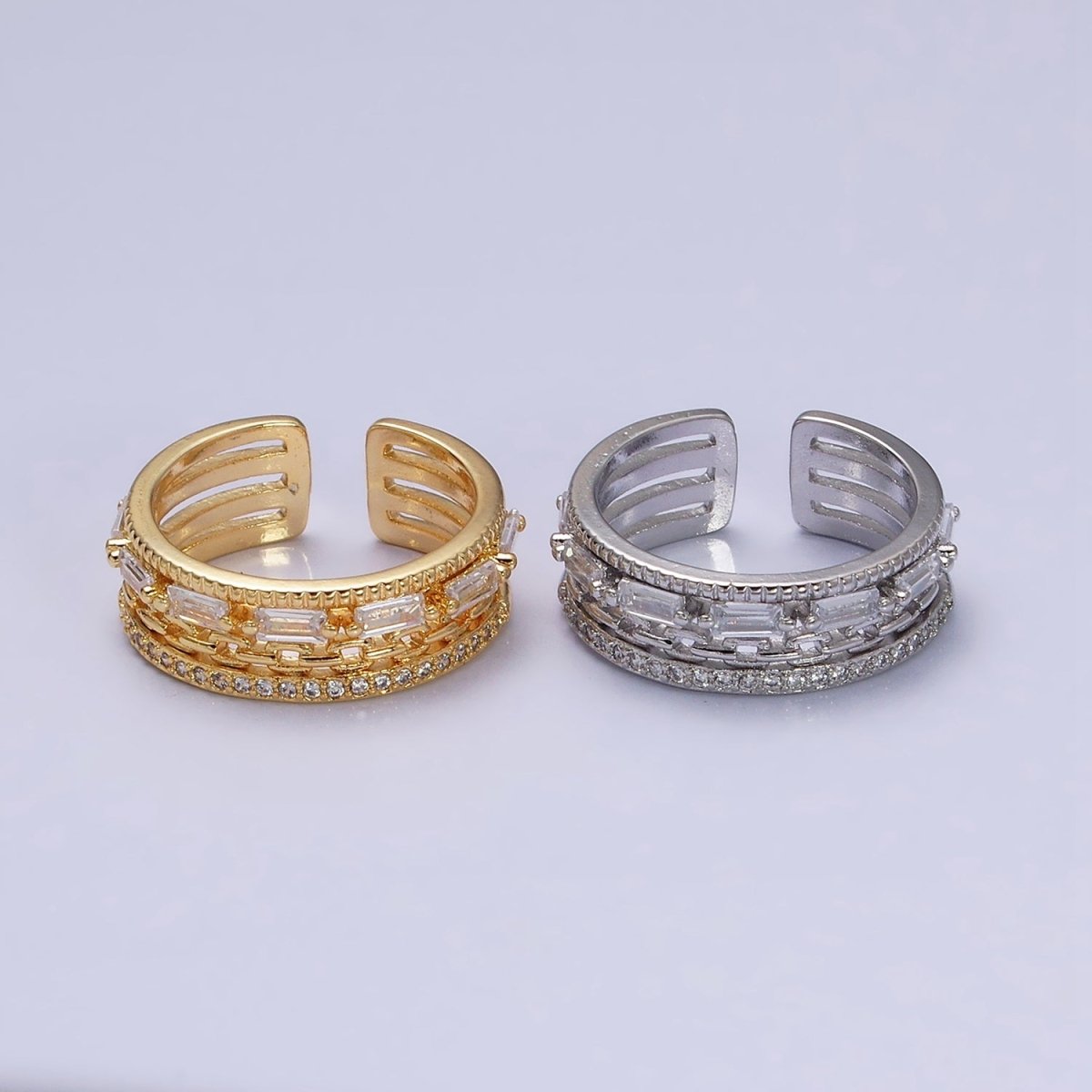 16K Gold Filled Clear CZ Baguette Cable Link Micro Paved Multiple Band Ring in Gold &amp; Silver | O-1595 O-1596