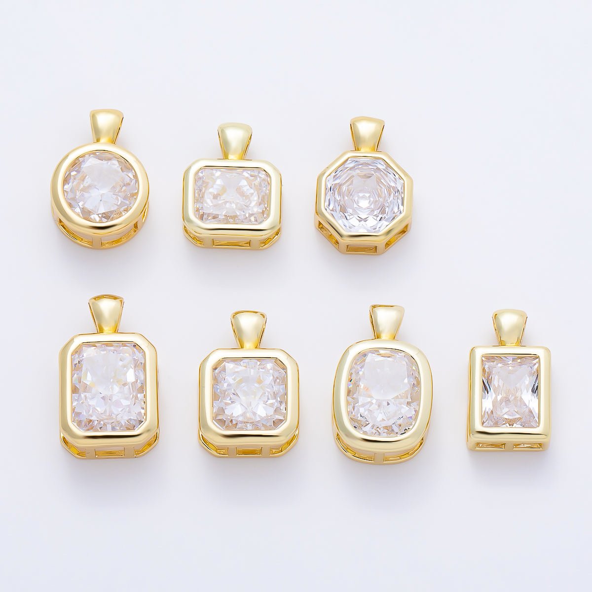 16K Gold Filled Clear CZ Baguette Round Hexagon Bezel Pendant in Gold &amp; Silver | Charms-01081 ~ Charms-01096
