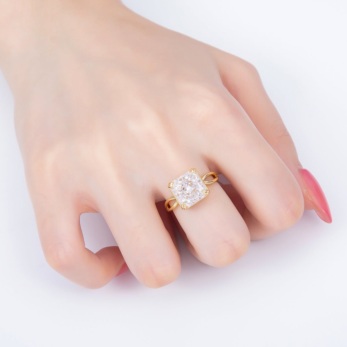 16K Gold Filled Clear CZ Baguette Square Prong Solitaire Ring | Rings-00278