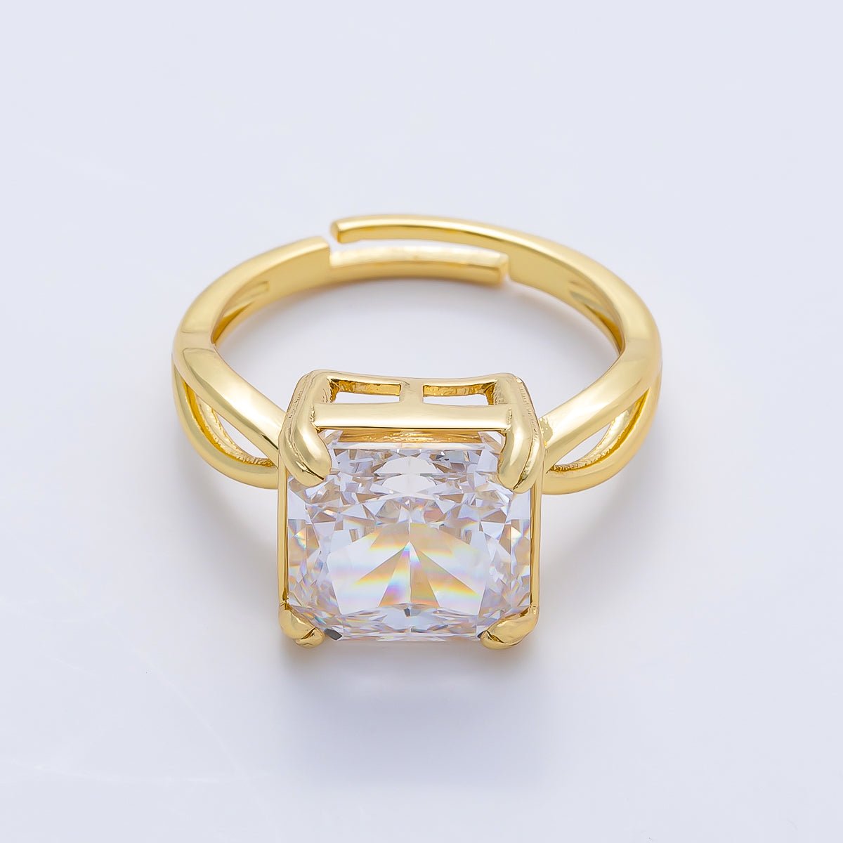 16K Gold Filled Clear CZ Baguette Square Prong Solitaire Ring | Rings-00278