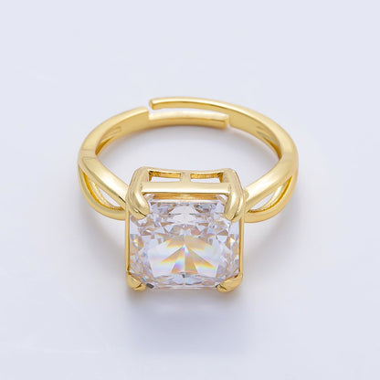 16K Gold Filled Clear CZ Baguette Square Prong Solitaire Ring | Rings-00278