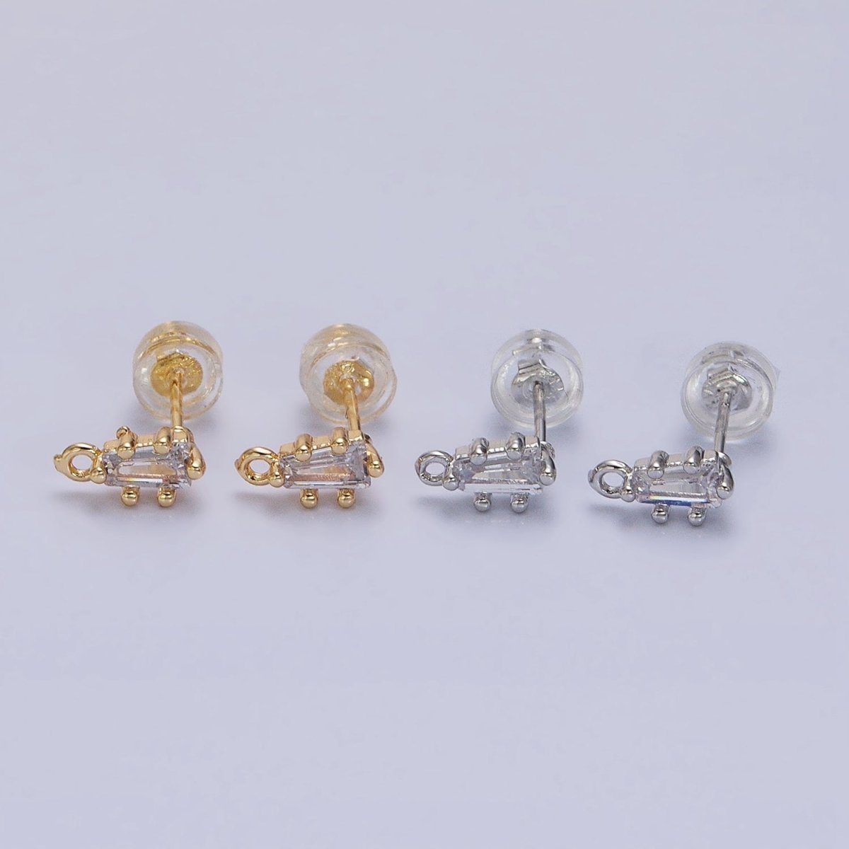 16K Gold Filled Clear CZ Baguette Triangle Open Loop Stud Earrings Supply in Gold &amp; Silver | Z-373 Z-374