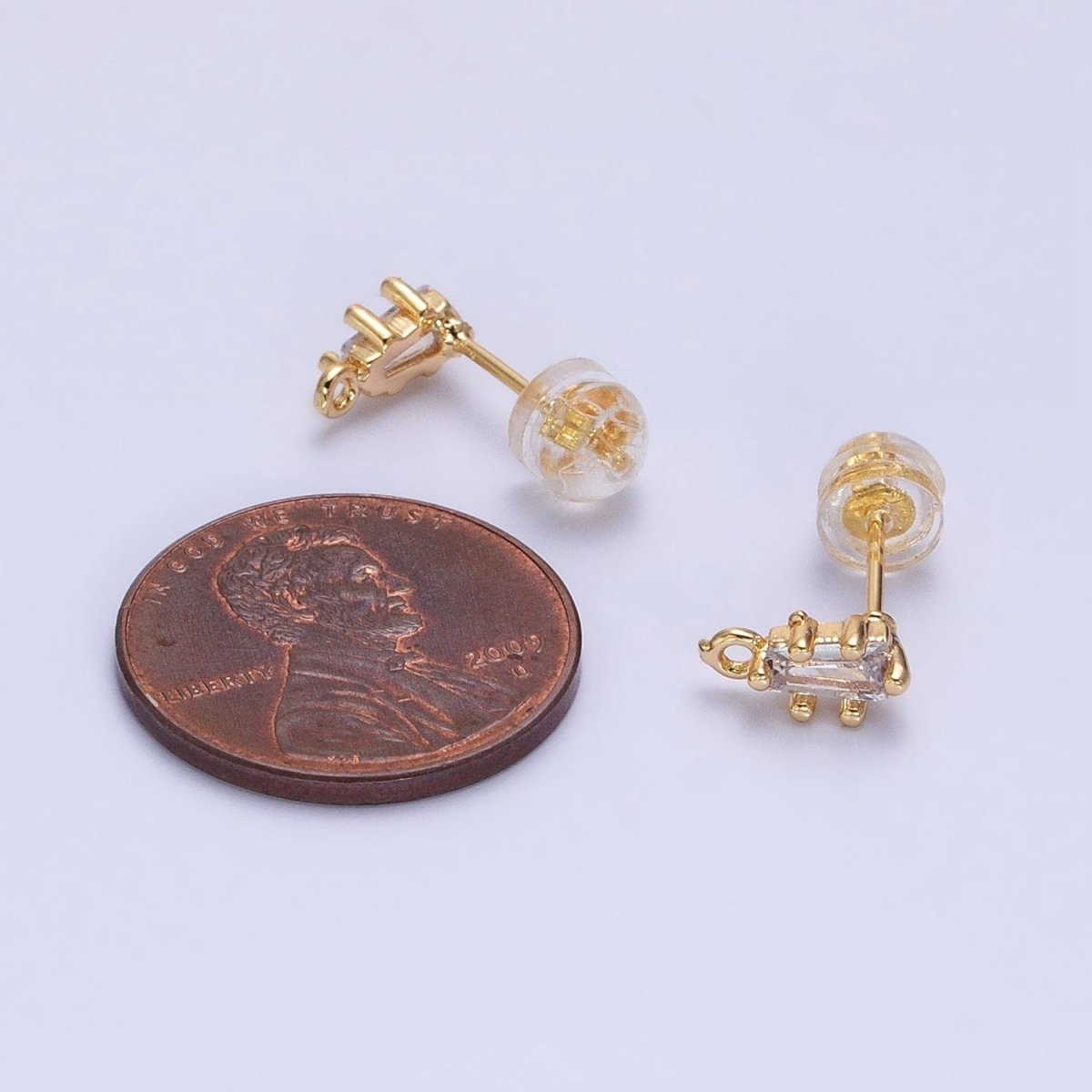 16K Gold Filled Clear CZ Baguette Triangle Open Loop Stud Earrings Supply in Gold &amp; Silver | Z-373 Z-374