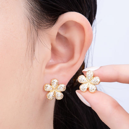 16K Gold Filled Clear CZ Dotted Chubby Flower Stud Earring | Earrings-00293