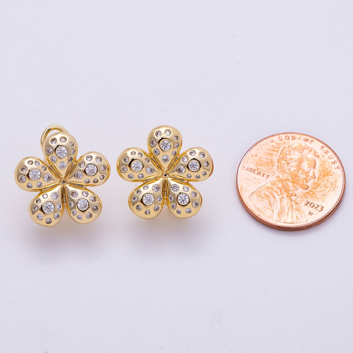 16K Gold Filled Clear CZ Dotted Chubby Flower Stud Earring | Earrings-00293