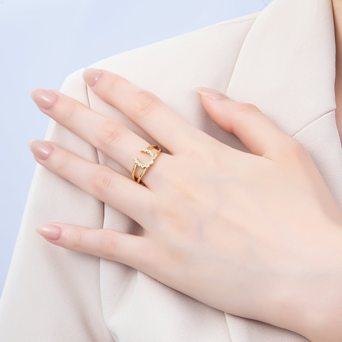 16K Gold Filled Clear CZ Dotted CZ Horse Shoe Double Band Ring | Rings-00074
