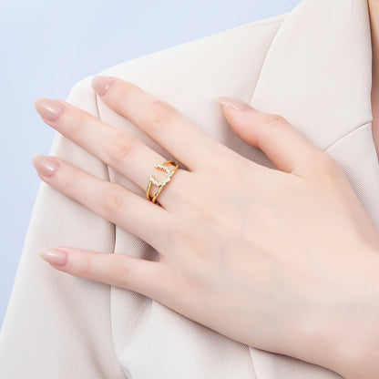 16K Gold Filled Clear CZ Dotted CZ Horse Shoe Double Band Ring | Rings-00074