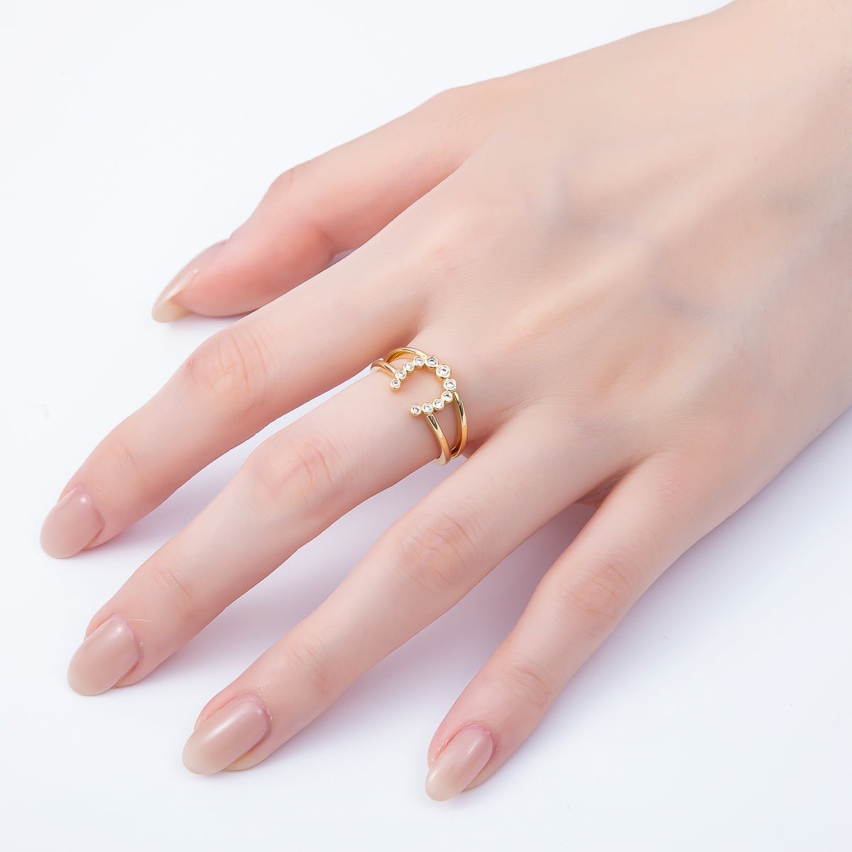 16K Gold Filled Clear CZ Dotted CZ Horse Shoe Double Band Ring | Rings-00074