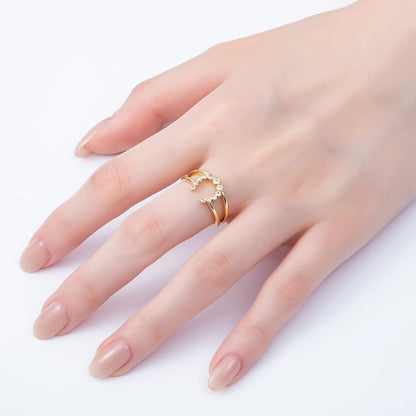 16K Gold Filled Clear CZ Dotted CZ Horse Shoe Double Band Ring | Rings-00074