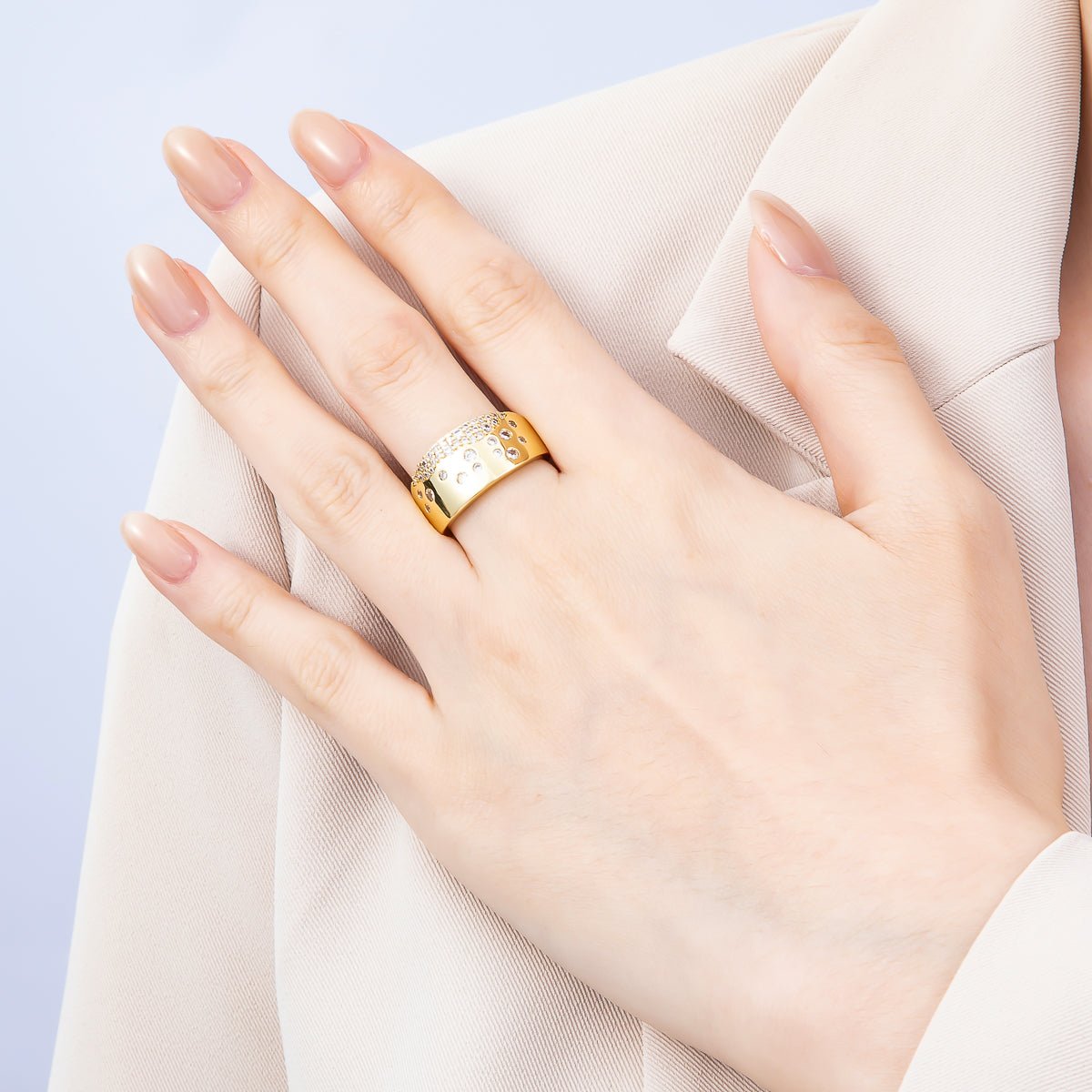 16K Gold Filled Clear CZ Dotted Micro Paved Wide Ring | Rings-00192