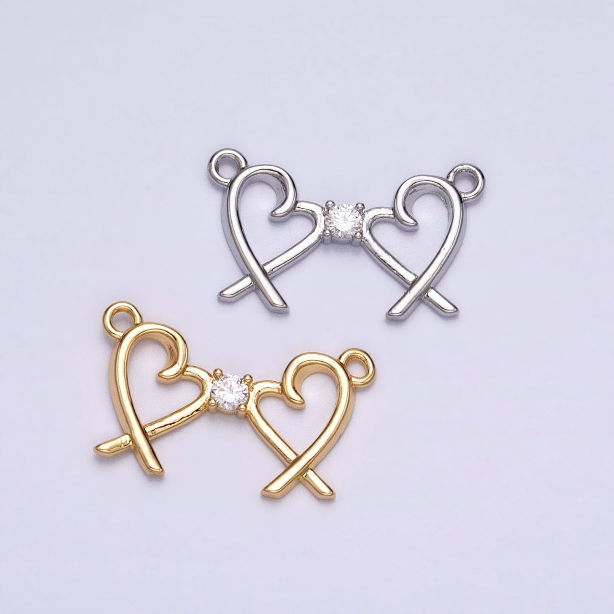 16K Gold Filled Clear CZ Double Heart Connector in Gold &amp; Silver | Y-870