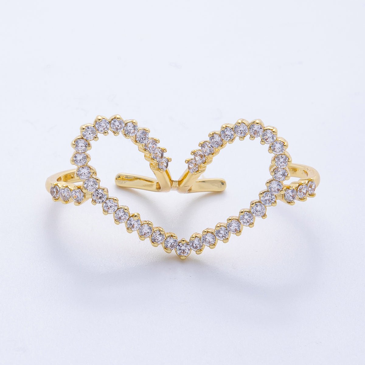 16K Gold Filled Clear CZ Heart Double Band Adjustable Ring | Rings-00058