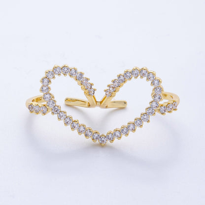 16K Gold Filled Clear CZ Heart Double Band Adjustable Ring | Rings-00058