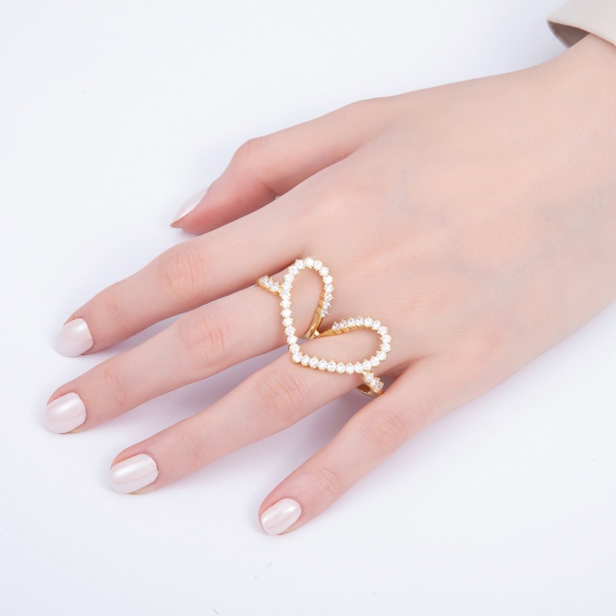 16K Gold Filled Clear CZ Heart Double Band Adjustable Ring | Rings-00058