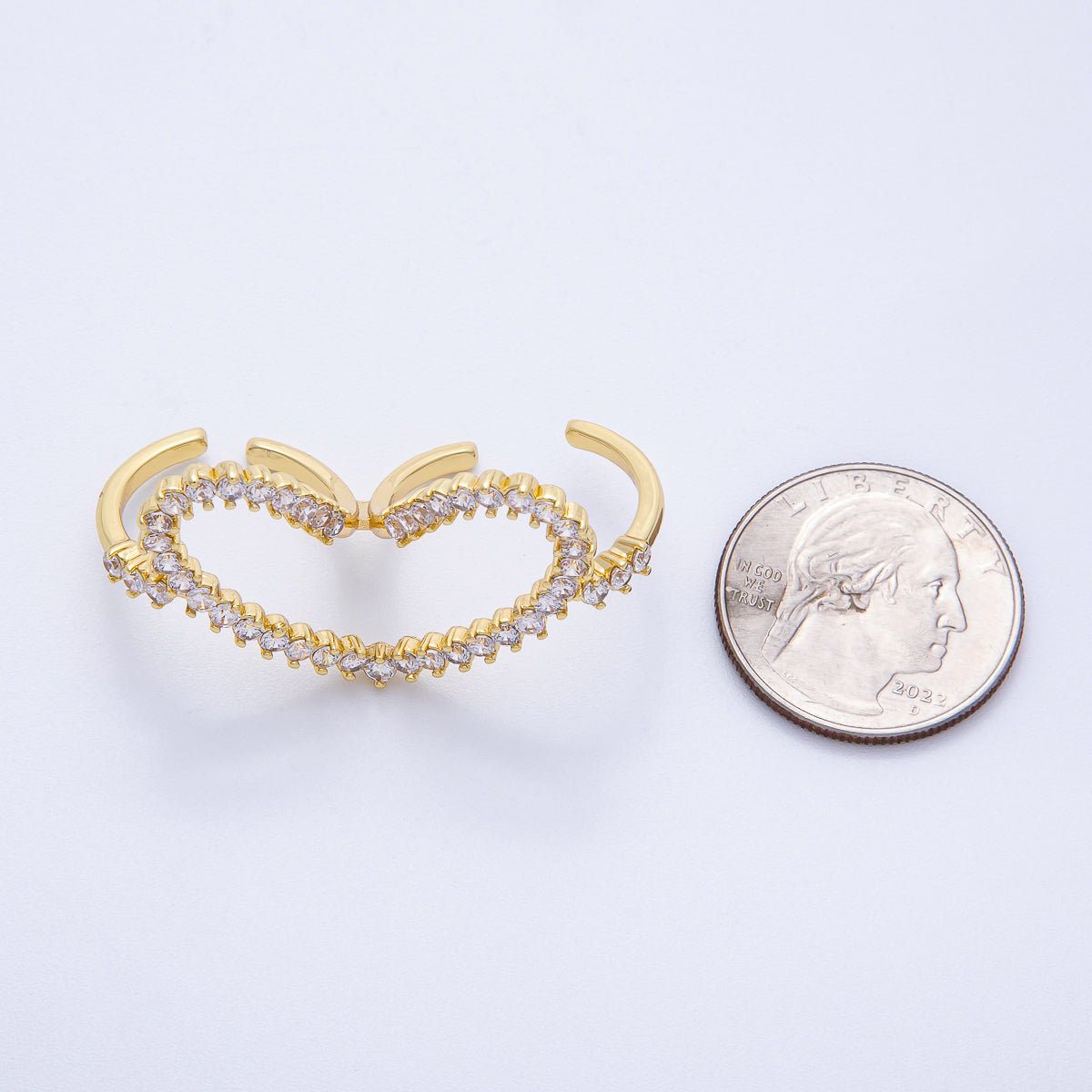 16K Gold Filled Clear CZ Heart Double Band Adjustable Ring | Rings-00058