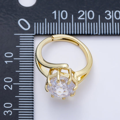 16K Gold Filled Clear CZ Hexagon Prong Solitaire Double Band Ring | Rings-00274