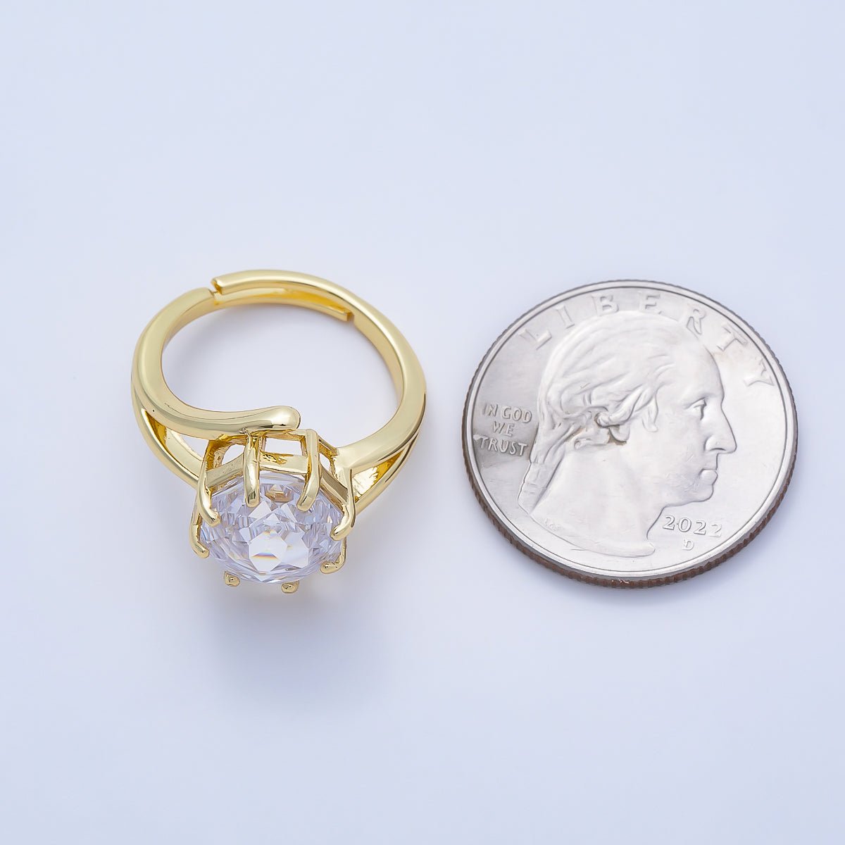 16K Gold Filled Clear CZ Hexagon Prong Solitaire Double Band Ring | Rings-00274