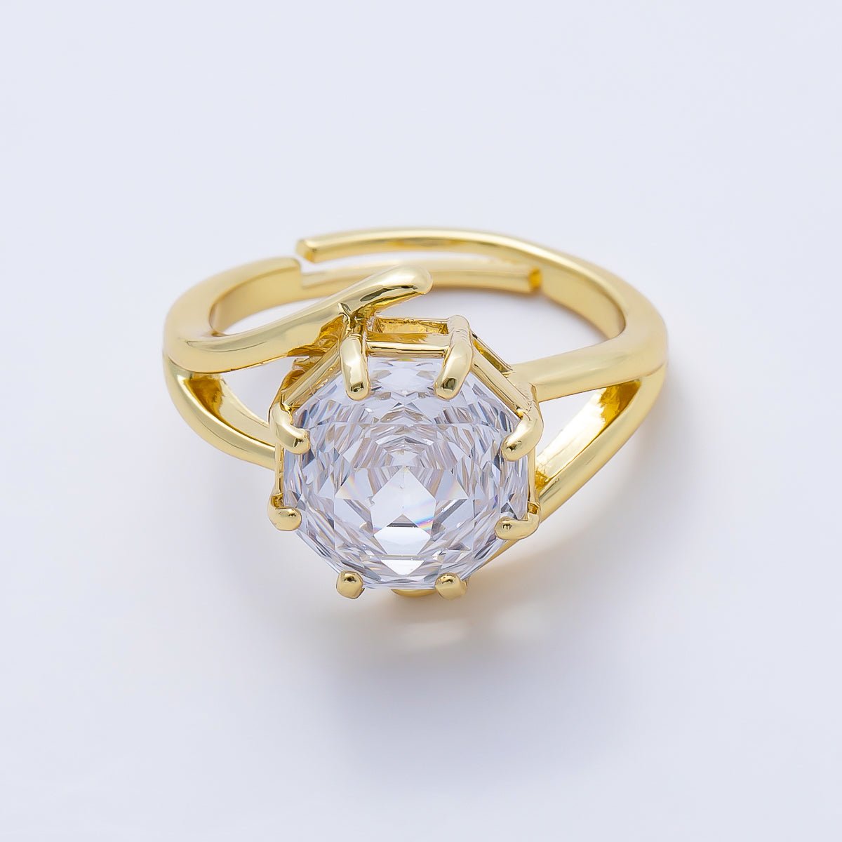 16K Gold Filled Clear CZ Hexagon Prong Solitaire Double Band Ring | Rings-00274