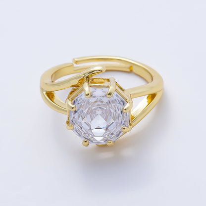 16K Gold Filled Clear CZ Hexagon Prong Solitaire Double Band Ring | Rings-00274