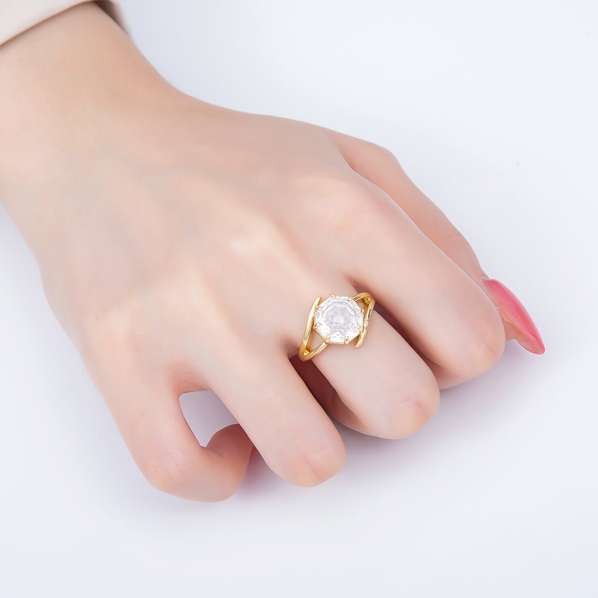 16K Gold Filled Clear CZ Hexagon Prong Solitaire Double Band Ring | Rings-00274