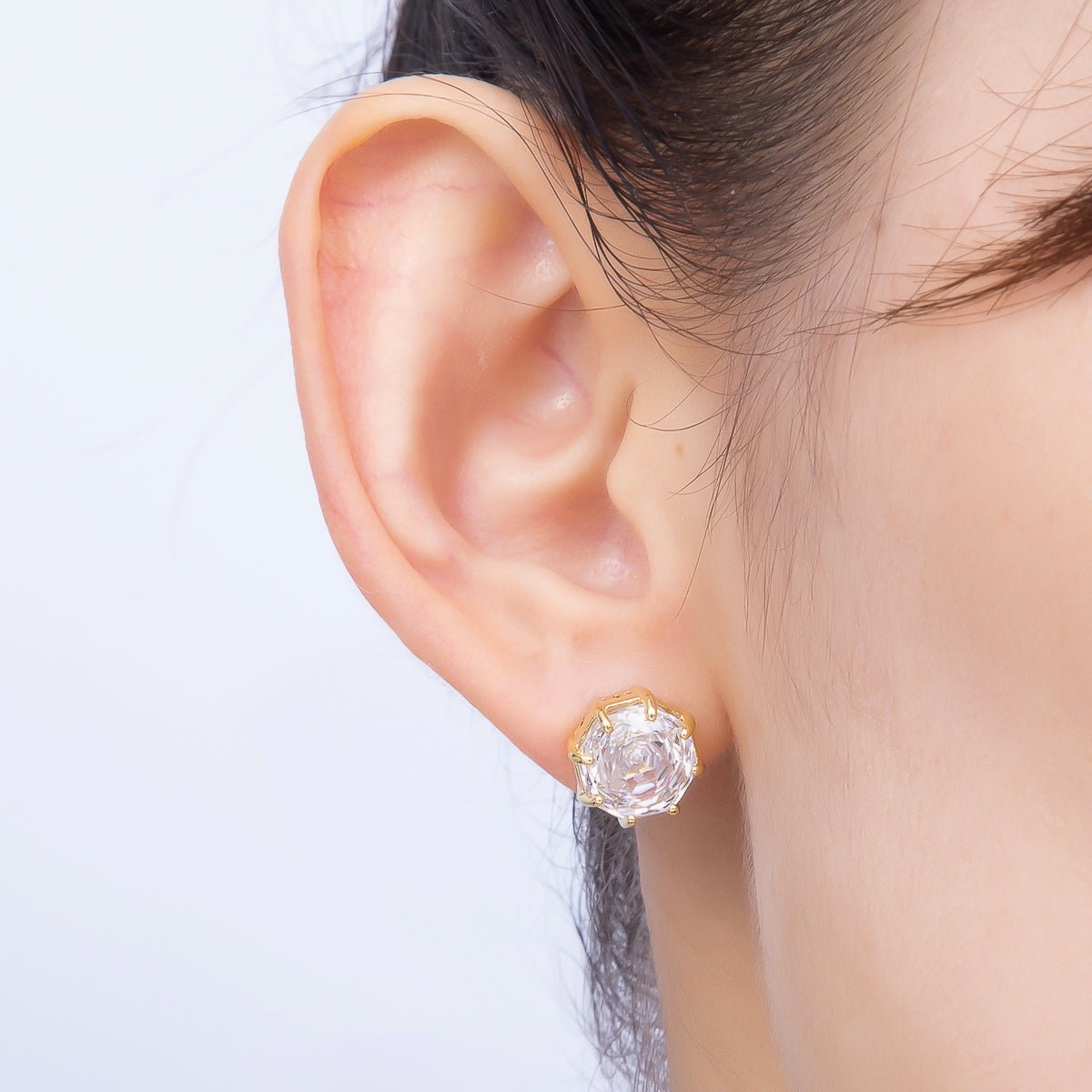 16K Gold Filled Clear CZ Hexagon Prong Stud | Earrings-00679