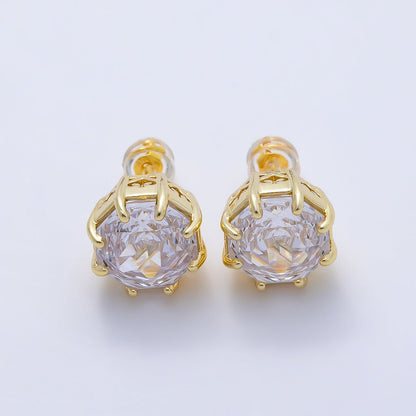 16K Gold Filled Clear CZ Hexagon Prong Stud | Earrings-00679