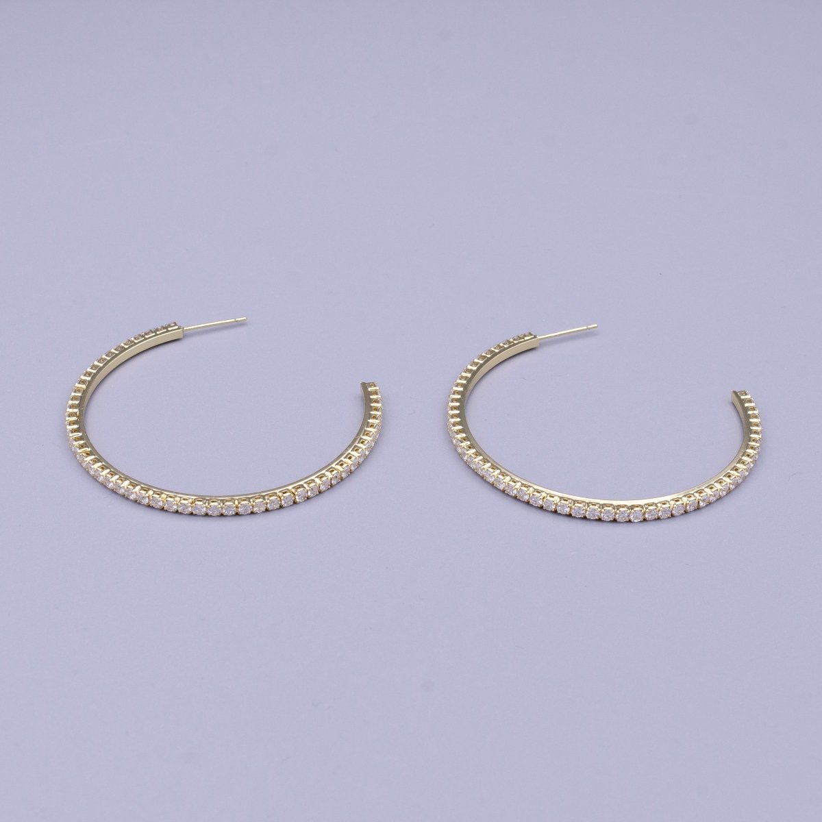 16K Gold Filled 50mm Clear CZ Micro Paved C-Shaped Hoop Earrings in Gold &amp; Silver | AE039 AE040