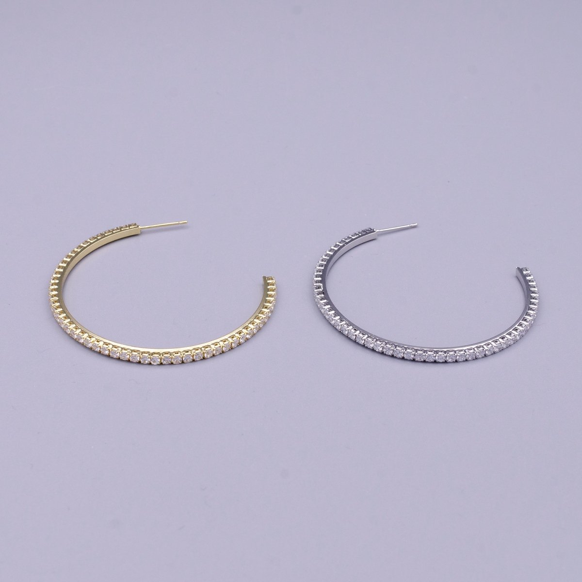 16K Gold Filled 50mm Clear CZ Micro Paved C-Shaped Hoop Earrings in Gold &amp; Silver | AE039 AE040