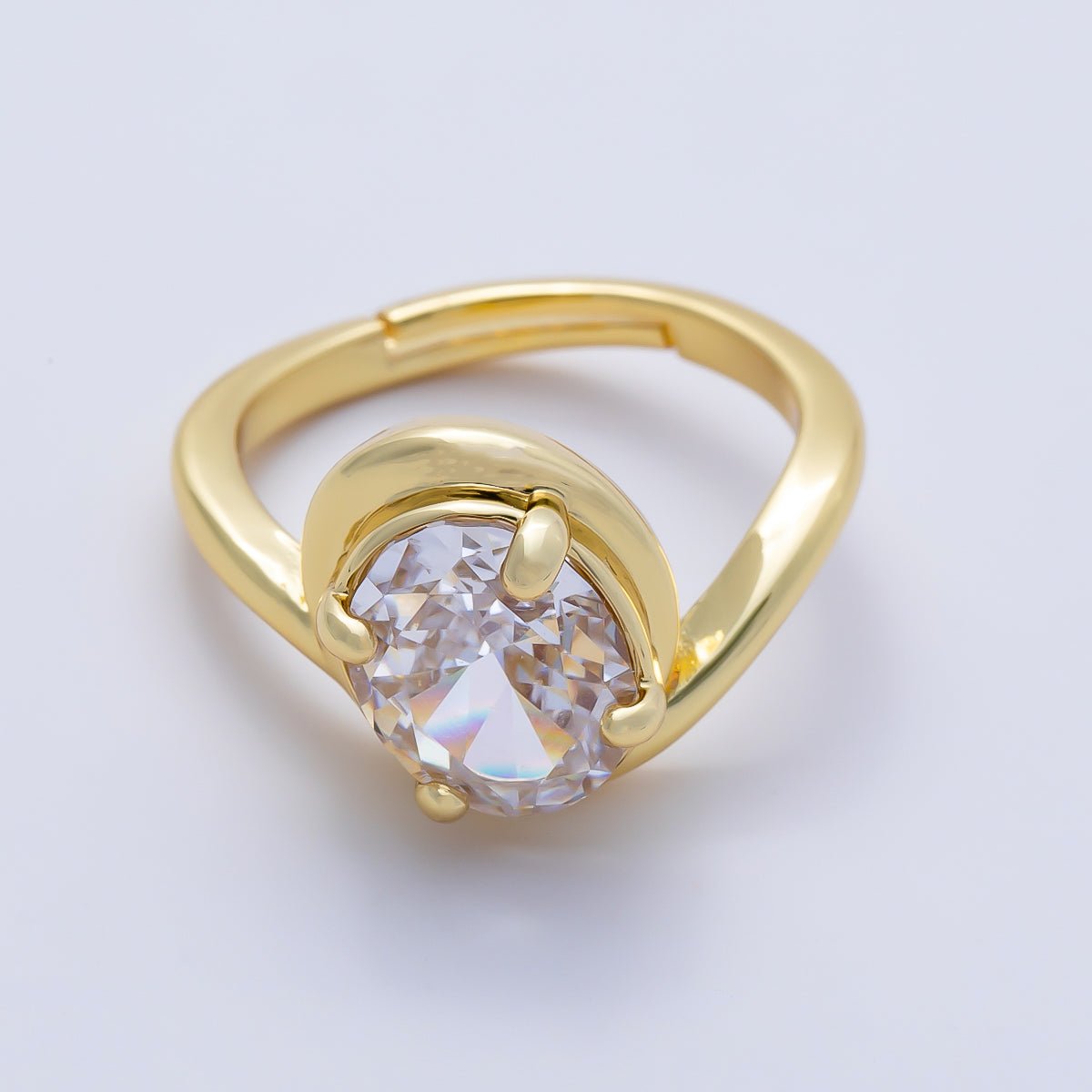 16K Gold Filled Clear CZ Oval Prong Bezel Curved Ring | Rings-00280