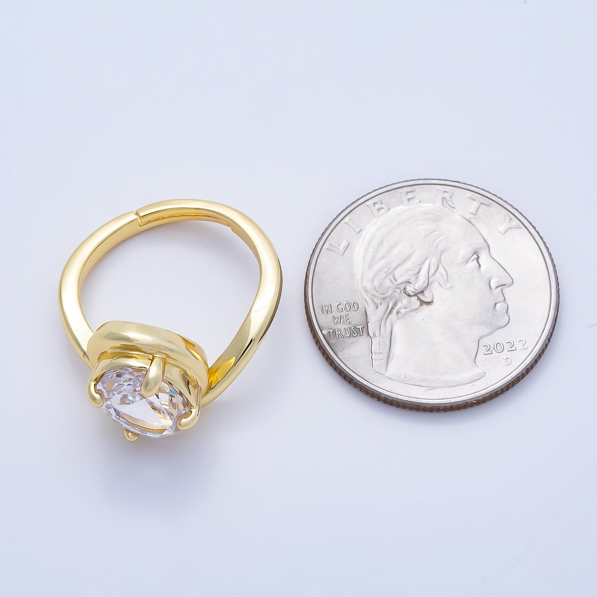 16K Gold Filled Clear CZ Oval Prong Bezel Curved Ring | Rings-00280