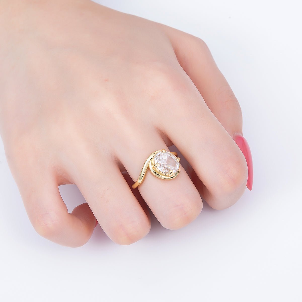 16K Gold Filled Clear CZ Oval Prong Bezel Curved Ring | Rings-00280