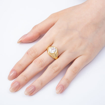 16K Gold Filled Clear CZ Round Solitaire Ribbed Signet Ring | Rings-00169