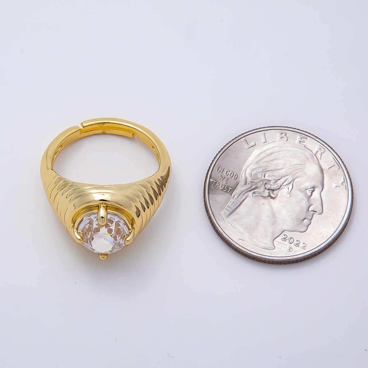 16K Gold Filled Clear CZ Round Solitaire Ribbed Signet Ring | Rings-00169
