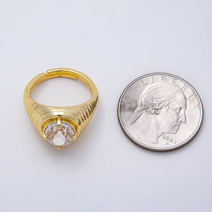 16K Gold Filled Clear CZ Round Solitaire Ribbed Signet Ring | Rings-00169