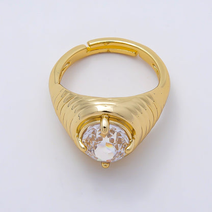16K Gold Filled Clear CZ Round Solitaire Ribbed Signet Ring | Rings-00169