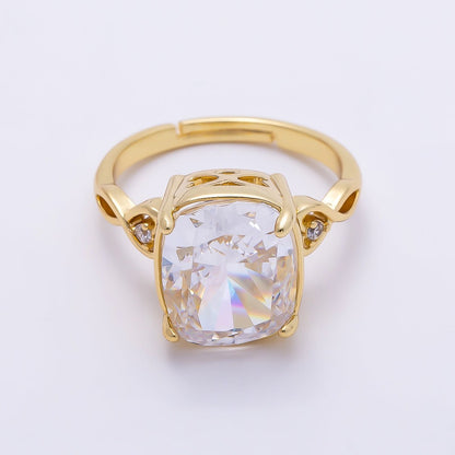 16K Gold Filled Clear CZ Rounded Oval Baguette Prong Solitaire Ring | Rings-00284
