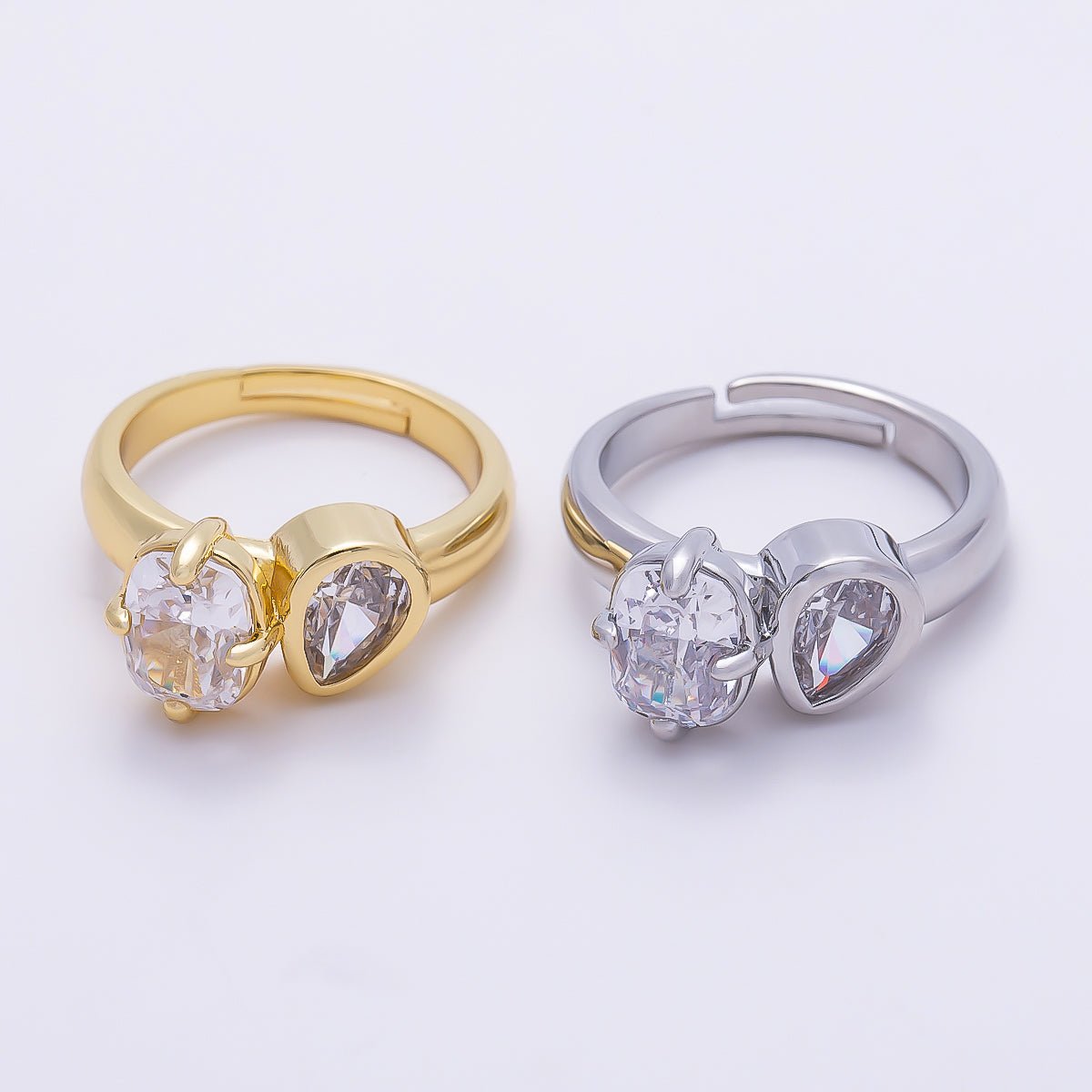 16K Gold Filled Clear CZ Teardrop Bezel Oval Prong Toi et Moi Solitaire Ring in Gold &amp; Silver | Rings-00276 Rings-00277