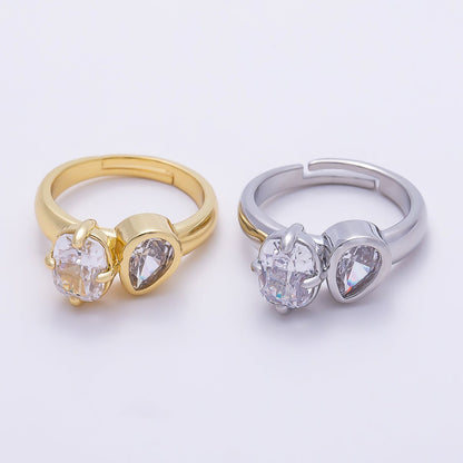 16K Gold Filled Clear CZ Teardrop Bezel Oval Prong Toi et Moi Solitaire Ring in Gold &amp; Silver | Rings-00276 Rings-00277