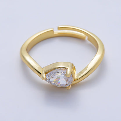 16K Gold Filled Clear CZ Teardrop Curved Solitaire Pinky Ring | Rings-00275