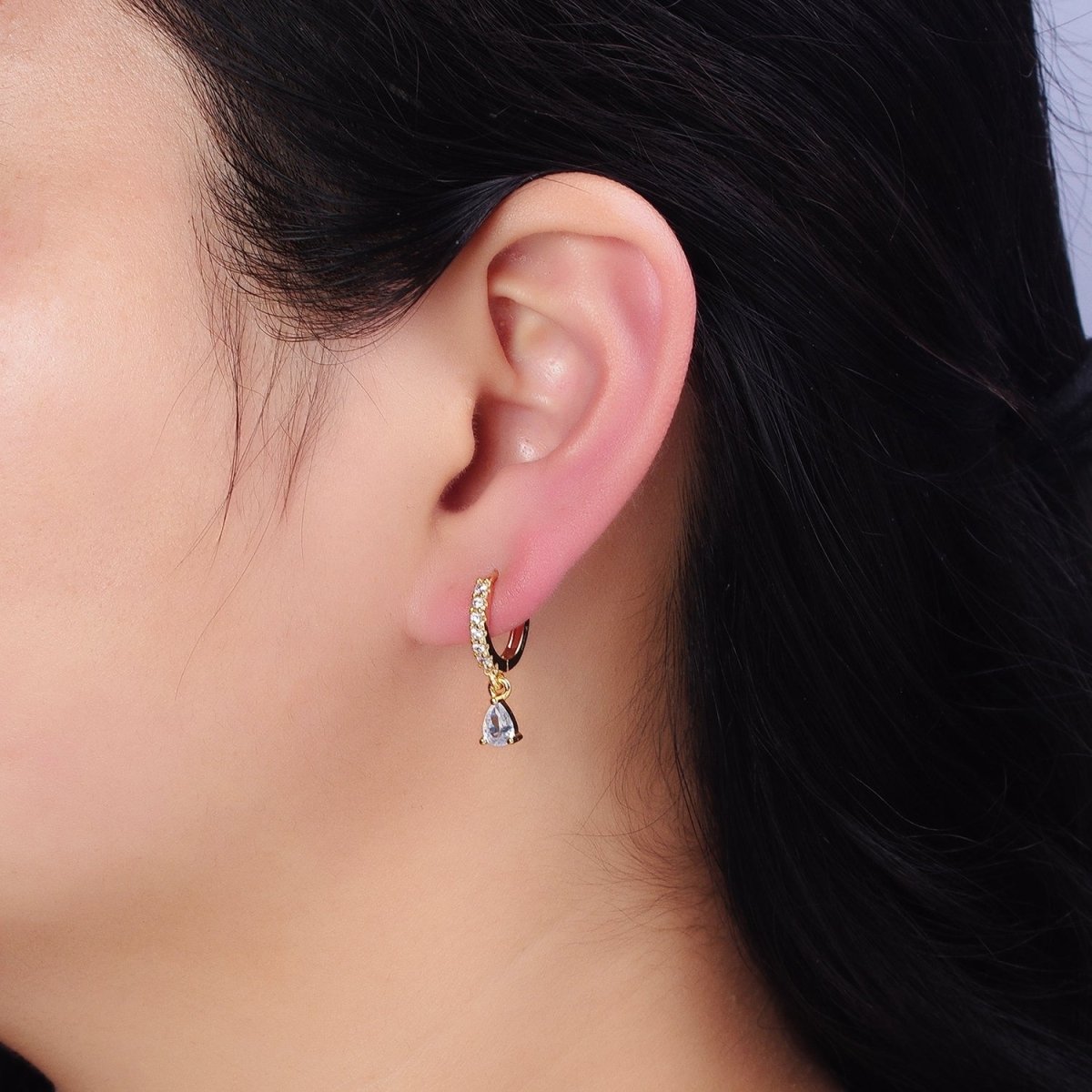 16K Gold Filled Clear CZ Teardrop Micro Paved Huggie Earrings in Gold &amp; Silver | AD816 AD817