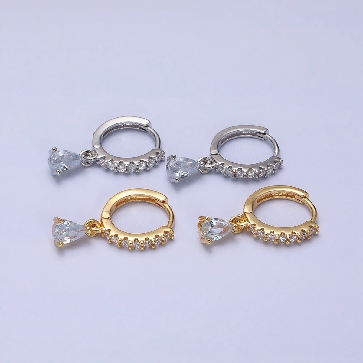 16K Gold Filled Clear CZ Teardrop Micro Paved Huggie Earrings in Gold &amp; Silver | AD816 AD817