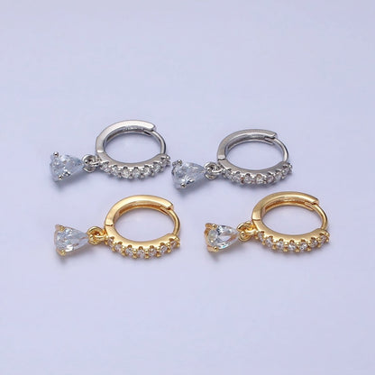 16K Gold Filled Clear CZ Teardrop Micro Paved Huggie Earrings in Gold &amp; Silver | AD816 AD817