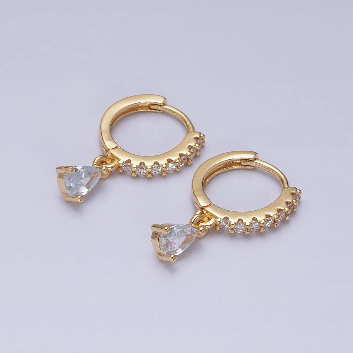 16K Gold Filled Clear CZ Teardrop Micro Paved Huggie Earrings in Gold &amp; Silver | AD816 AD817