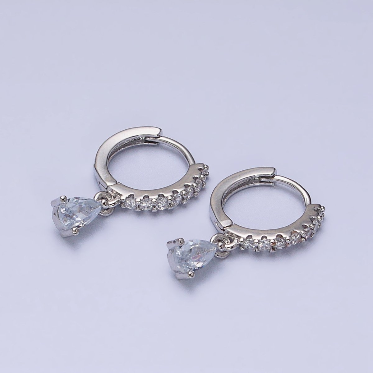 16K Gold Filled Clear CZ Teardrop Micro Paved Huggie Earrings in Gold &amp; Silver | AD816 AD817