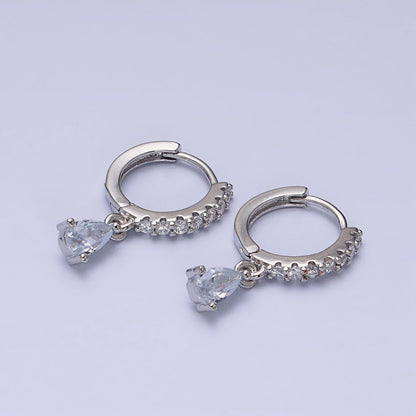 16K Gold Filled Clear CZ Teardrop Micro Paved Huggie Earrings in Gold &amp; Silver | AD816 AD817