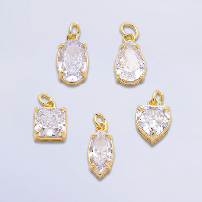 16K Gold Filled Clear CZ Teardrop, Oval, Heart, Marquise, Square Solitaire Charm | Charms-00816 ~ Charms-00820