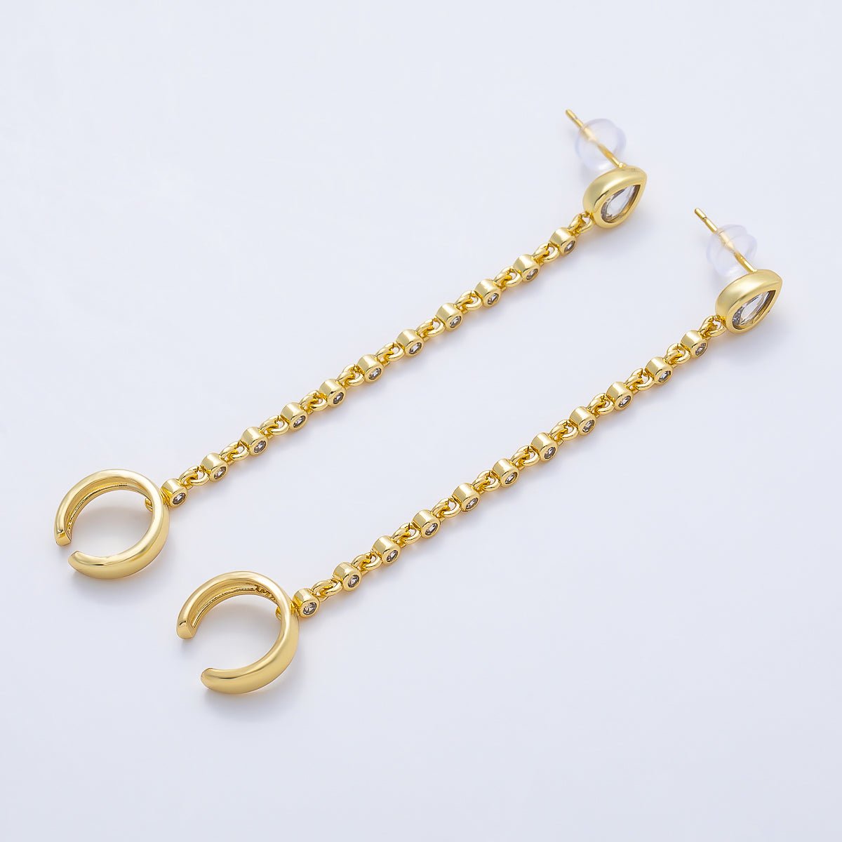 16K Gold Filled Clear CZ Teardrop Round Bezel Stud Chain Drop Ear Cuff | Earrings-00682