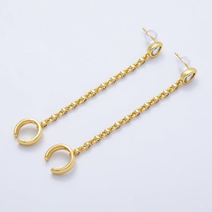 16K Gold Filled Clear CZ Teardrop Round Bezel Stud Chain Drop Ear Cuff | Earrings-00682