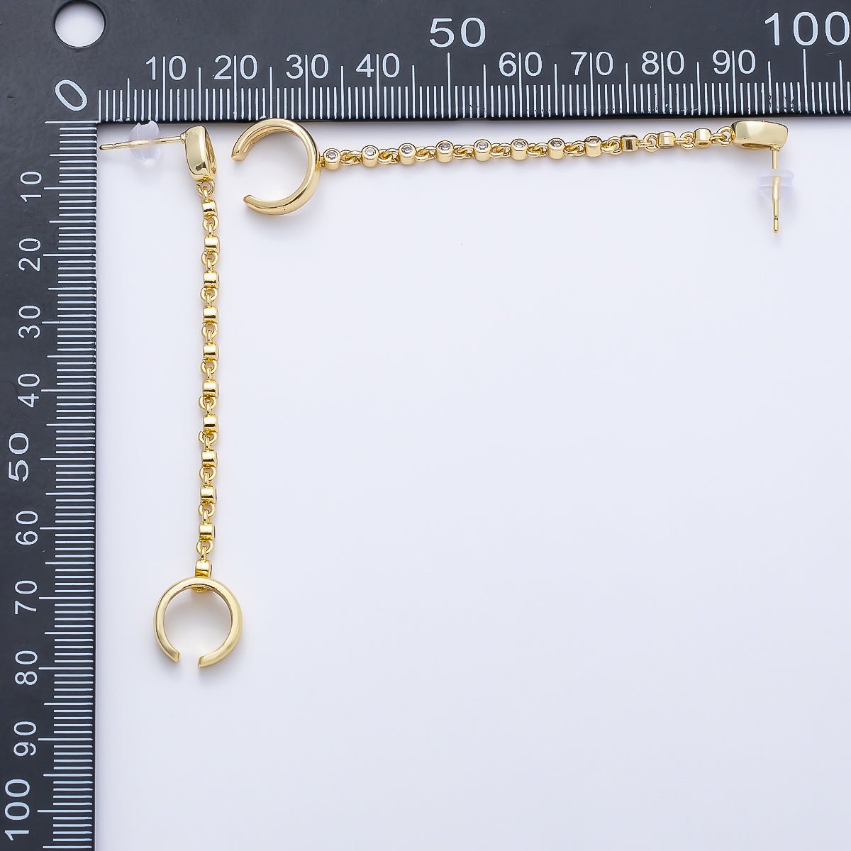 16K Gold Filled Clear CZ Teardrop Round Bezel Stud Chain Drop Ear Cuff | Earrings-00682