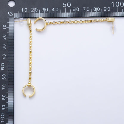 16K Gold Filled Clear CZ Teardrop Round Bezel Stud Chain Drop Ear Cuff | Earrings-00682